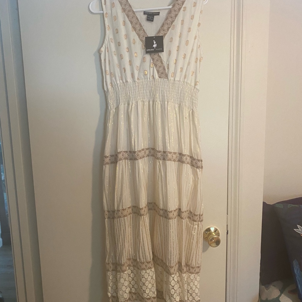 Cream and gold trimmed maxi summer dress S